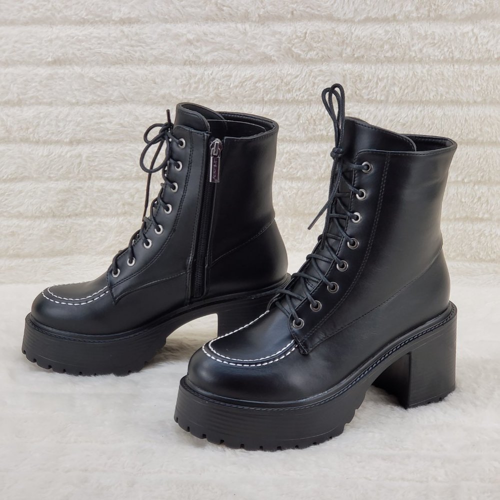 Light Weight Wood Look Chunky Platform Combat Boots in Black